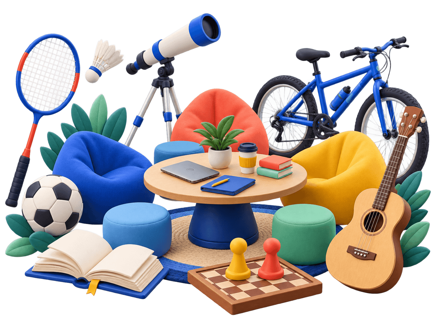 Badminton, football, books, astronomy, cycling, music and board game club objects gathered around a table